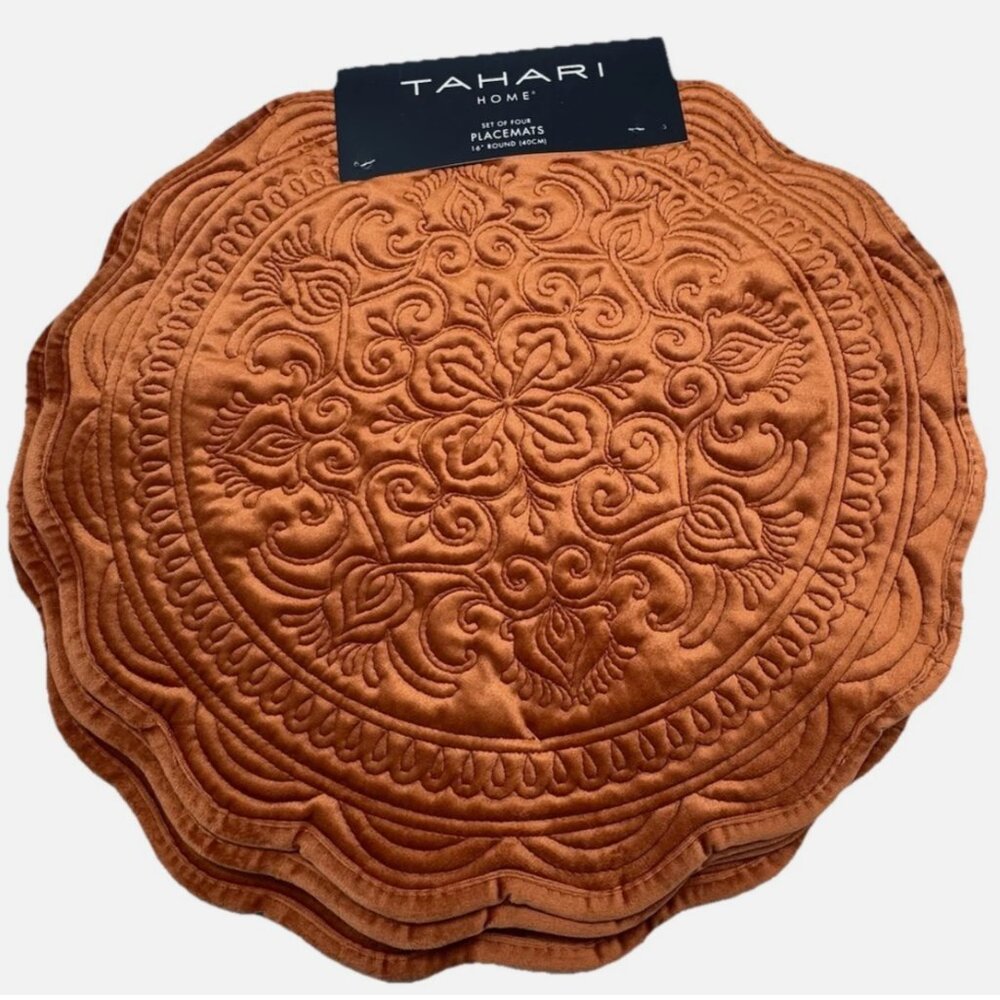 8 Tahari Medallion Auburn Burnt Orange Rust Velour Placemat Set Luxury Velvet
